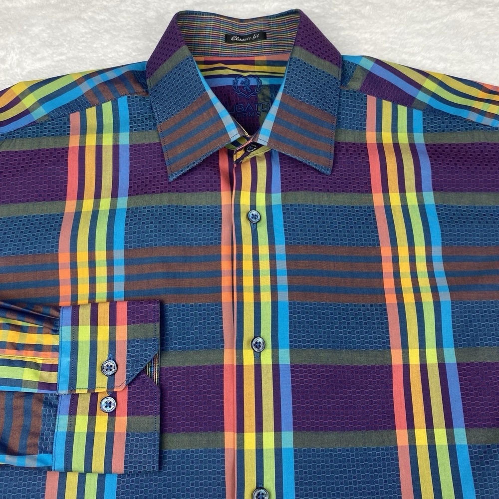 Bugatchi Uomo Shirt Mens Medium Multicolor Plaid Classic Fit Flip Cuffs